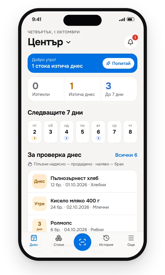 Мобилното приложение НеБракувай, екран „Днес“: „Добро утро! 1 стока изтича днес“, броячи и стоките за проверка.